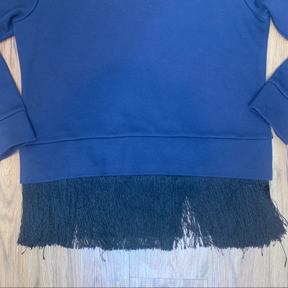 J. Crew Navy Blue Sweatshirt w/ Black Fringe - Picture 2 of 9